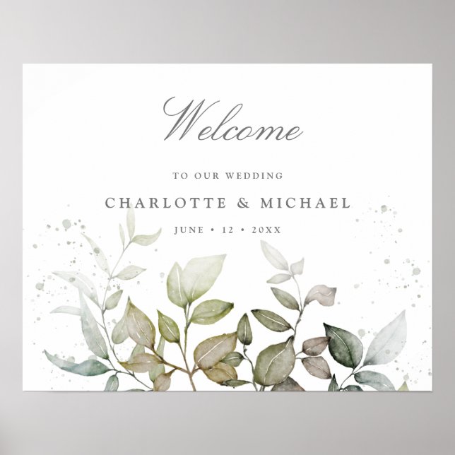 Poster aquarelle feuille verdure mariage signe de bienven (Devant)