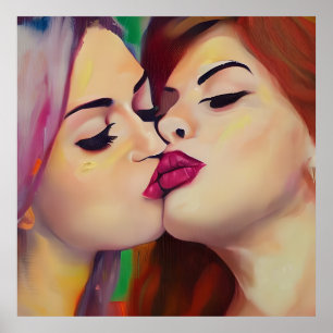 Poster Aquarelle Fierté Deux femmes partagent un baiser