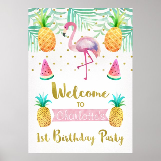 Poster Aquarelle Flamant rose 1er anniversaire Accueil Po (Devant)