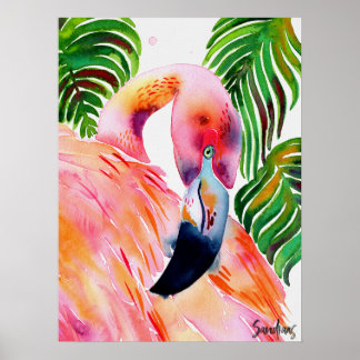 Poster Aquarelle Flamant rose rose