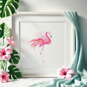 Poster Aquarelle Flamant rose rose Art tropical original