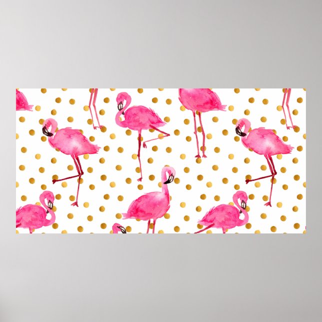 Poster Aquarelle flamants roses avec matelas à points dor (Devant)