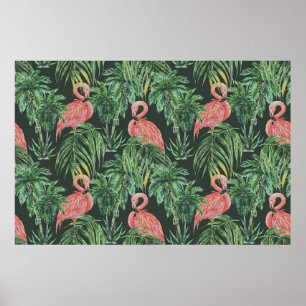Poster Aquarelle flamants roses, oiseaux exotiques, tropi