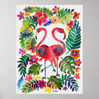 Poster Aquarelle Flamants roses tropicaux