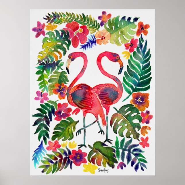 Poster Aquarelle Flamants roses tropicaux (Devant)
