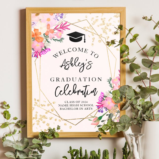 Poster Aquarelle fleurie parties scintillant or bienvenue (Gold glitter floral watercolor graduation welcome poster)