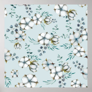 Poster Aquarelle Fleurs de coton et Eucalyptus