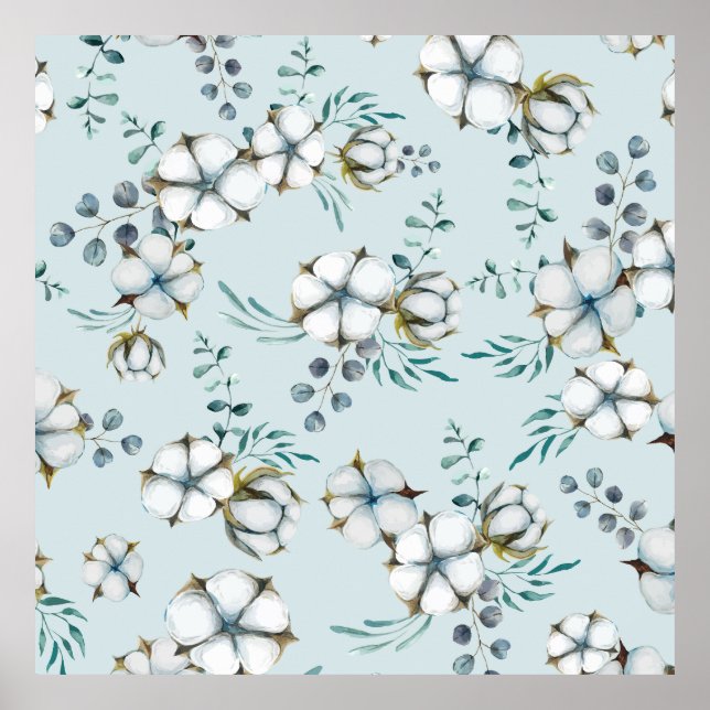 Poster Aquarelle Fleurs de coton et Eucalyptus (Devant)