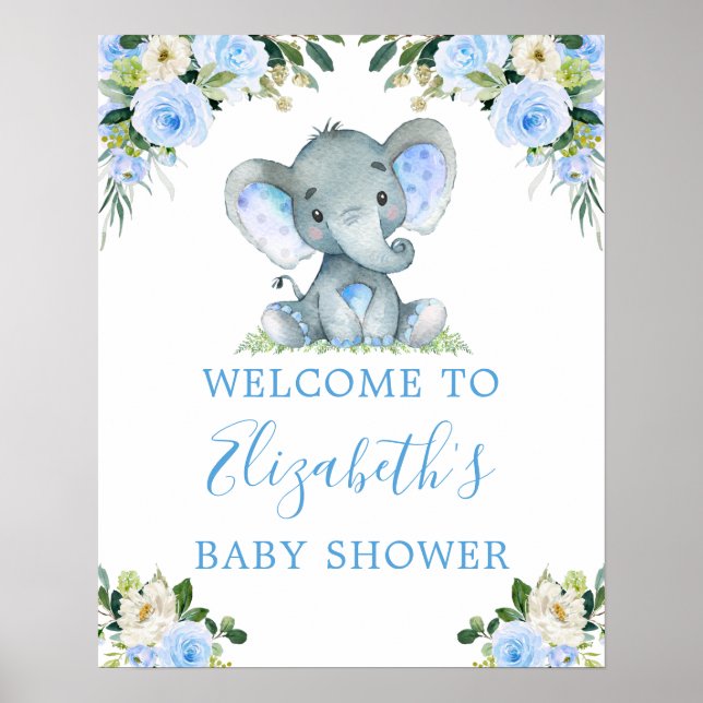 Poster Aquarelle Floral Blue Elephant Baby shower (Devant)