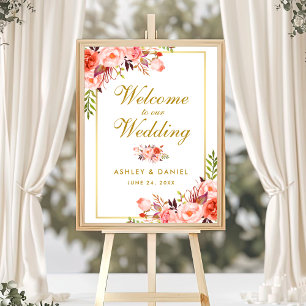 Poster Aquarelle Floral Coral Gold Mariage Bienvenue