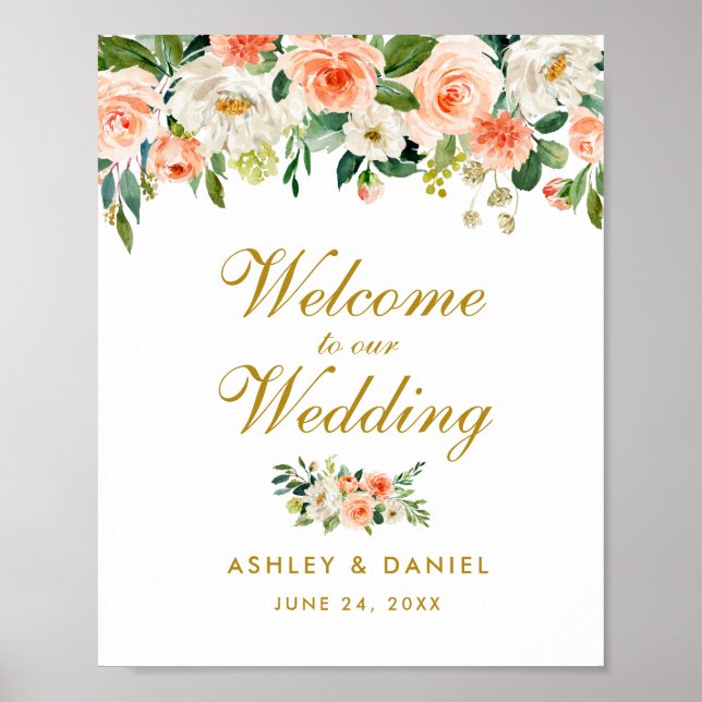 Poster Aquarelle Floral Coral Mariage Welcome Gold (Devant)