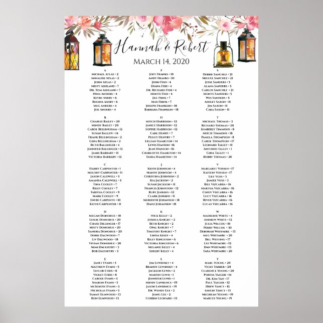 Poster Aquarelle Floral Lanterns Mariage Carte de siège (Devant)