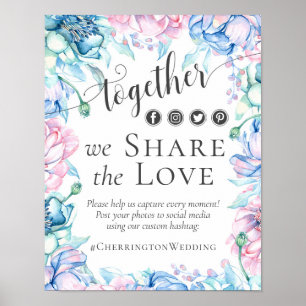 Poster Aquarelle Floral Love Mariage Hashtag
