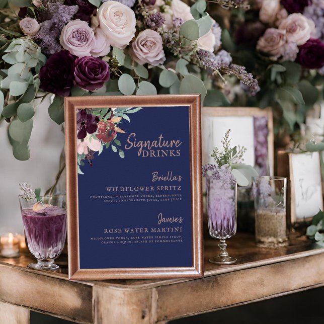 Poster Aquarelle Floral Navy Plum & Rose Signature Boisso (Créateur téléchargé)