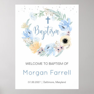 Poster Aquarelle Floral Pêche Bleu bienvenue Baptême