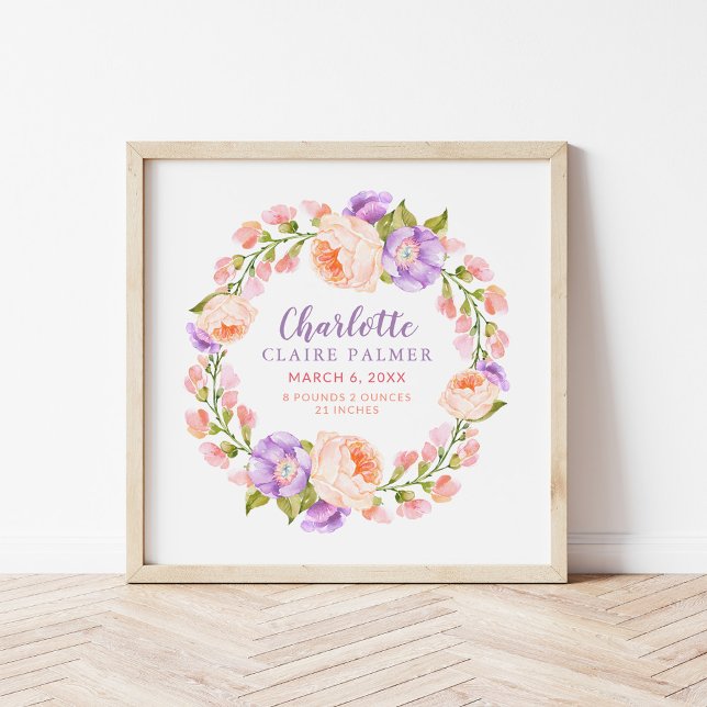 Poster Aquarelle Floral Personnalisé Baby Birth Stats (Créateur téléchargé)