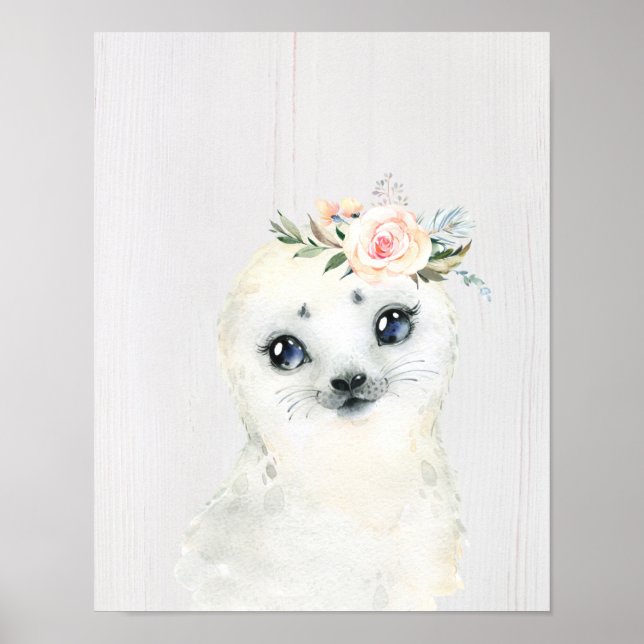 Poster Aquarelle Floral Phoque Bébé Animaux neigeux (Devant)