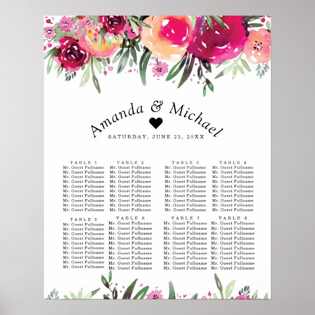 Poster Aquarelle Floral Rose Mariage Carte de siège (Devant)