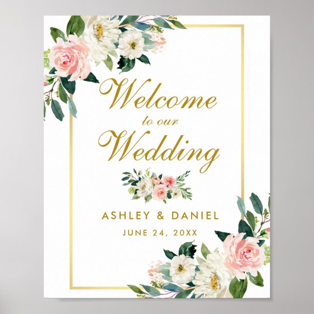 Poster Aquarelle Floral rose Mariage or Welcome (Devant)