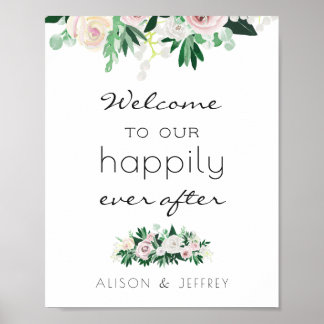 Poster Aquarelle Floral Vert Heureux Jamais Après Mariage