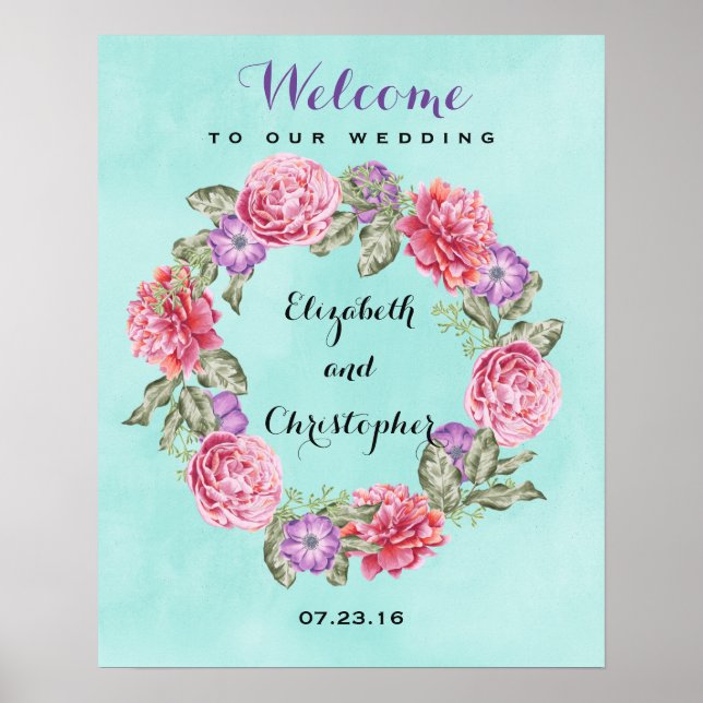 Poster Aquarelle Floral Wreath Mariage Bienvenue (Devant)