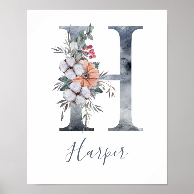 Poster Aquarelle Florale Bleue Monogramme H Nom (Devant)