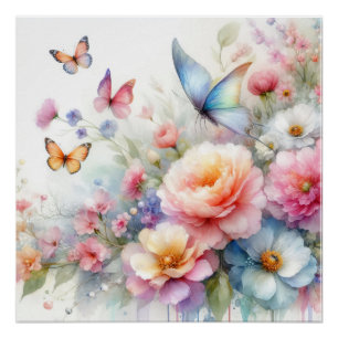 Poster Aquarelle Florale & Danse Papillon