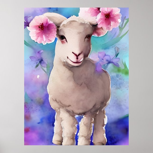 Poster Aquarelle florale de l'agneau de Pâques du printem (Devant)