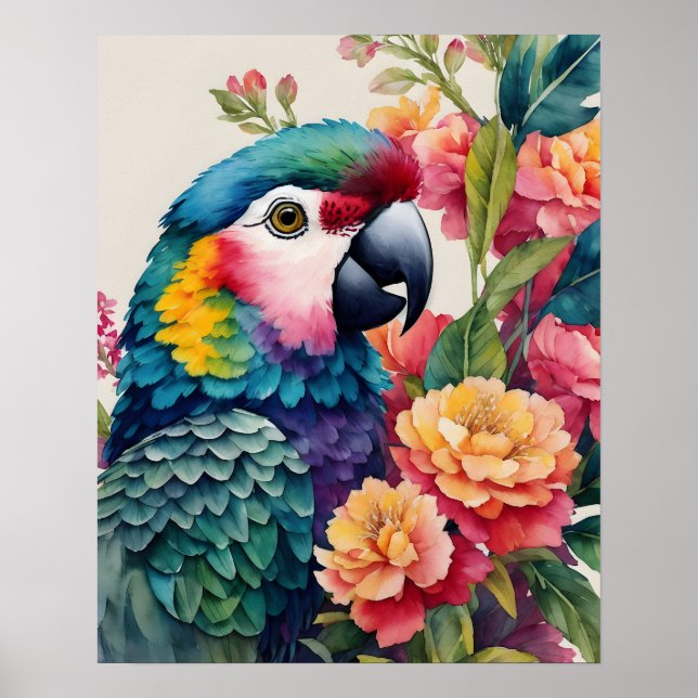 Poster Aquarelle florale de perroquets multicolores (Devant)