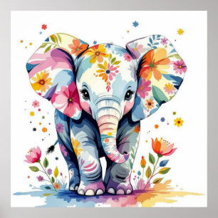 Poster Aquarelle florale Eléphant