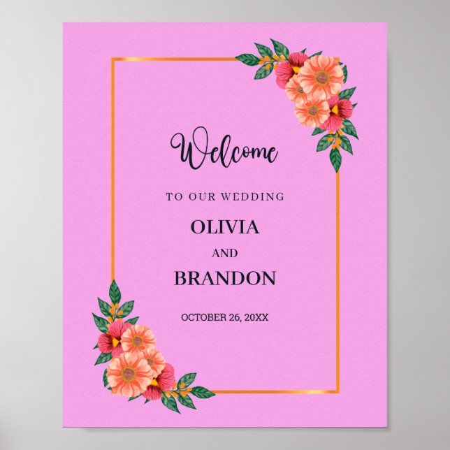 Poster Aquarelle Florale en Mariage Gold Frame Bienvenue (Devant)