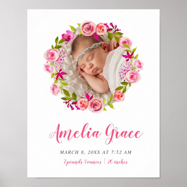 Poster Aquarelle Florale Photo Bébé statistiques de naiss (Devant)