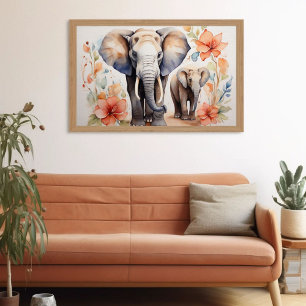 Poster Aquarelle florale unique mère et enfant éléphant