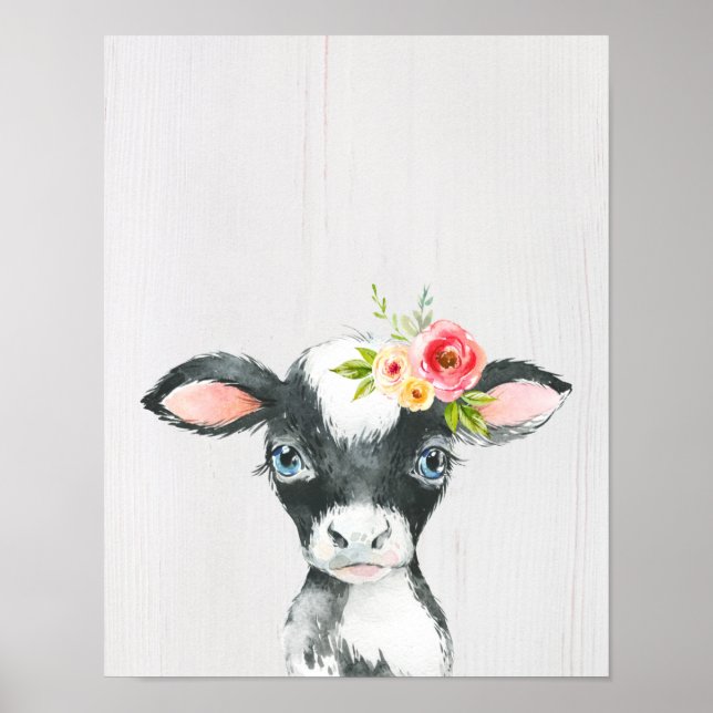 Poster Aquarelle Florale Vache noire et blanche (Devant)