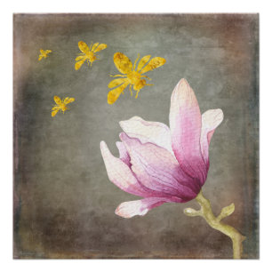 Poster Aquarelle Flower & Gold Bees