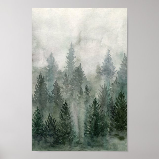 Poster Aquarelle Forêt paysage montagne de pin brun (Devant)