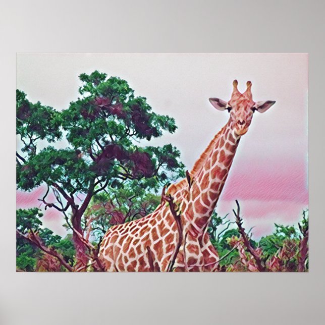 Poster Aquarelle Giraffe en rouge orange et vert (Devant)