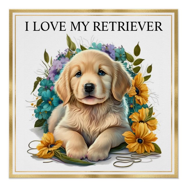 Poster Aquarelle Golden Retriever Puppy avec Gold Frame (Devant)