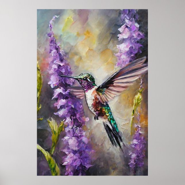 Poster Aquarelle gracieuse Colibri violet Jardin Art (Devant)