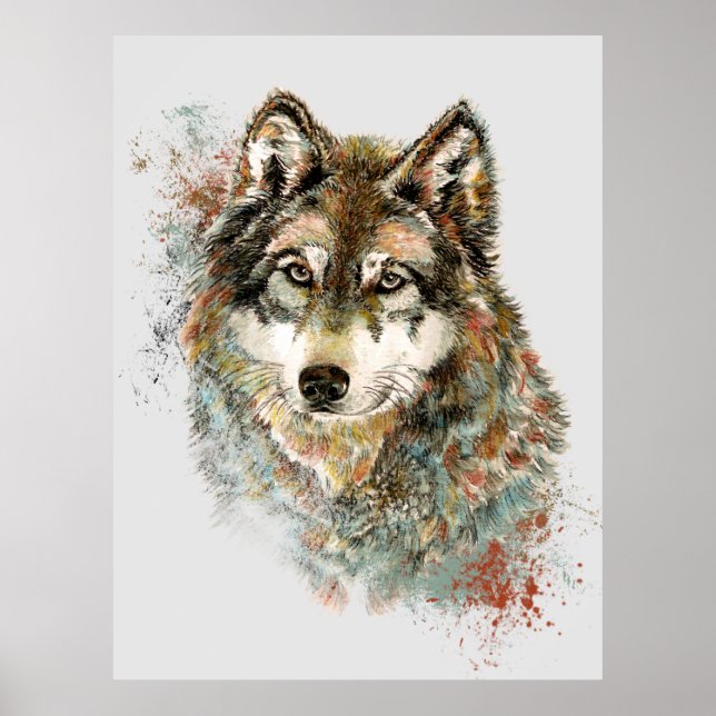 Poster Aquarelle Gris Loup Faune Animal Nature Art (Devant)