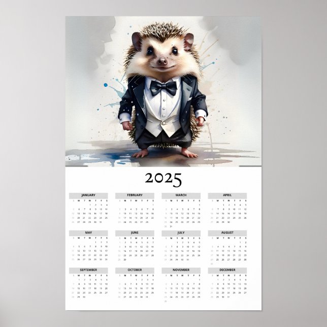 Poster Aquarelle Hérisson Tux Bow Cravate 2025 Calendrier (Devant)
