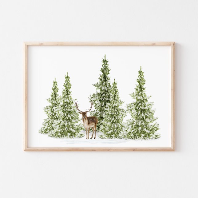 Poster Aquarelle Hiver Arbres et Cerfs (Créateur téléchargé)