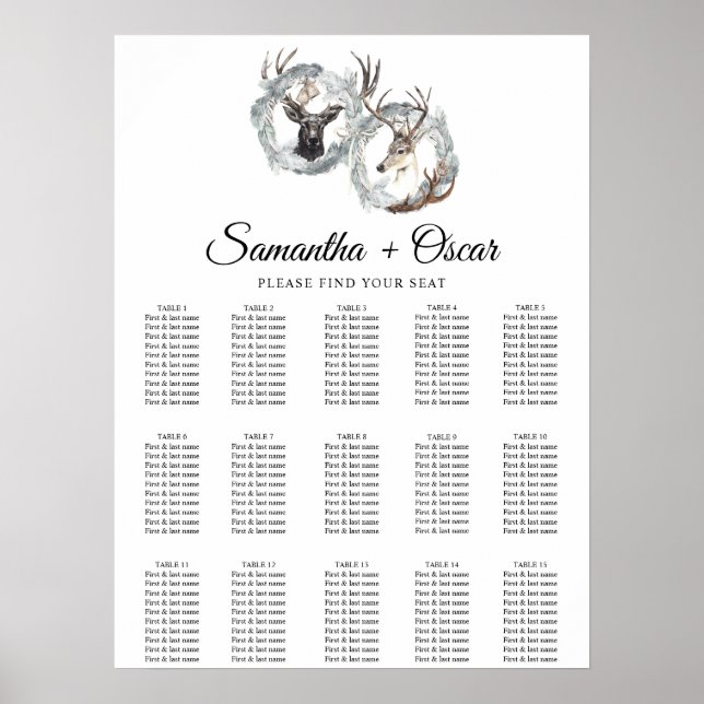 Poster Aquarelle hiver Cerf Wreath Argent (Devant)