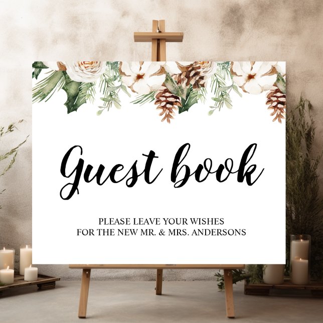 Poster Aquarelle Hiver Pin vert Arbre et Fleurs blanches (Créateur téléchargé)