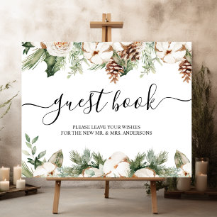 Poster Aquarelle Hiver Pin vert Arbre et Fleurs blanches