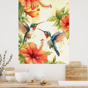 Poster Aquarelle Hummingbird and Flowers Design