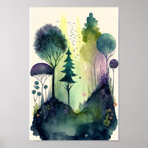 Poster Aquarelle illustration d'une forêt de contes de fé