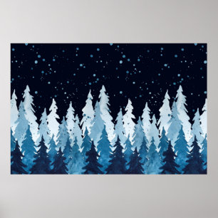 Poster Aquarelle indigo pins bleus et neige dans
