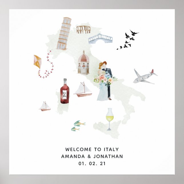 Poster Aquarelle Italie Destination Mariage Bienvenue (Devant)
