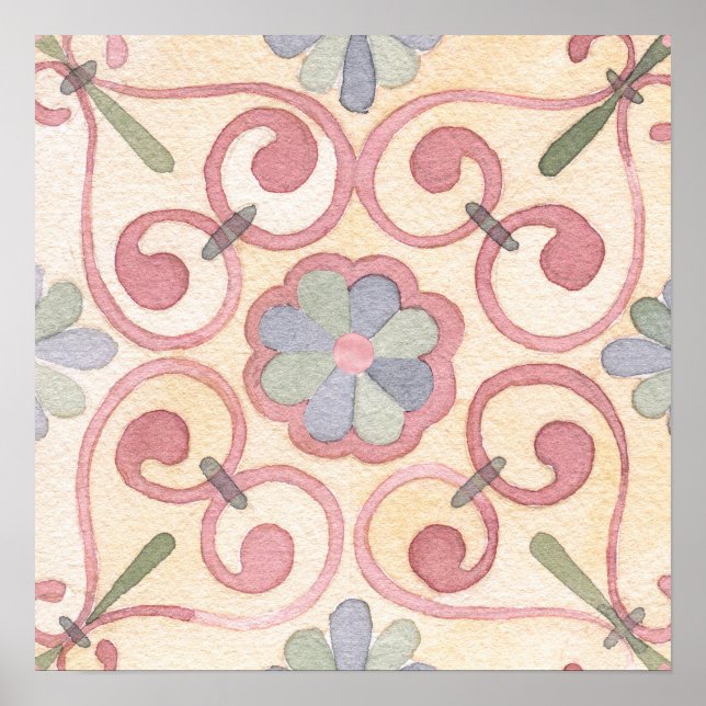 Poster Aquarelle italienne espagnole Majolica rose (Devant)
